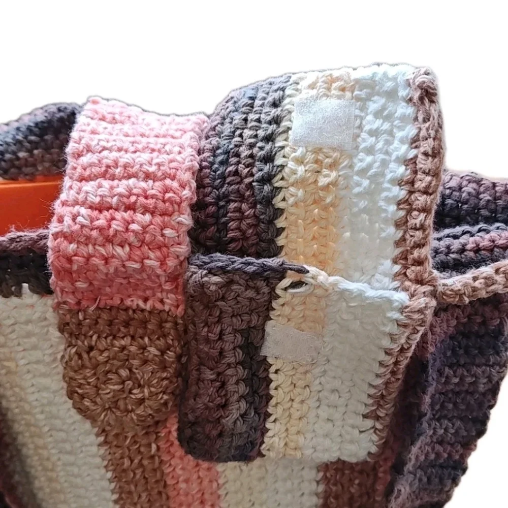 Hippie Boho Hand Crocheted Earthy Striped Bucket Purse W/ Coin Purse Homemade